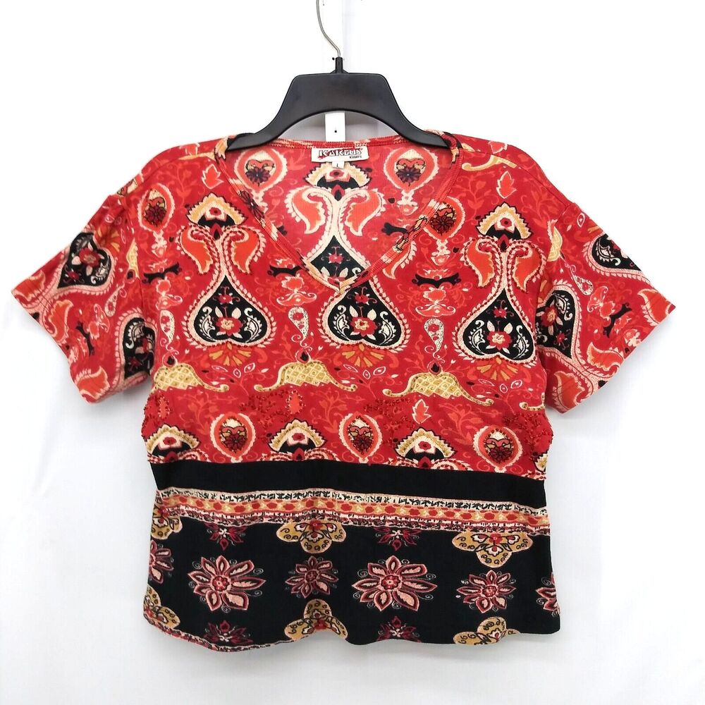 Kaktus Shirt Womens Size L Red Paisley Beaded Short Sleeve V-Neck Pullover Top